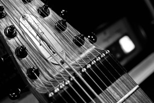 close up of the headstock of a zebrawood grand stick